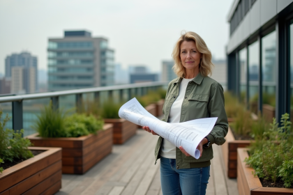Femme en travail sur un rooftop jardin bioclimatique