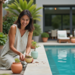 Femme souriante en robe en lin arrangeant des pots de fleurs près de la piscine