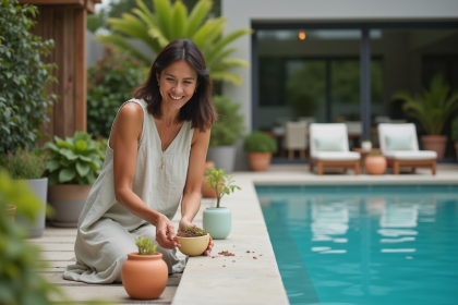 Femme souriante en robe en lin arrangeant des pots de fleurs près de la piscine