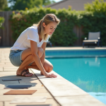 Femme examinant différentes surfaces de deck de piscine