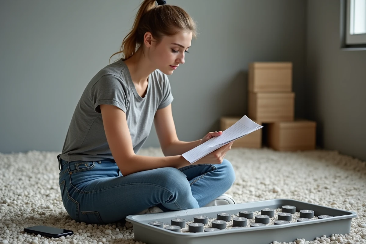 Jeune femme vérifiant des supports pour carrelage intérieur