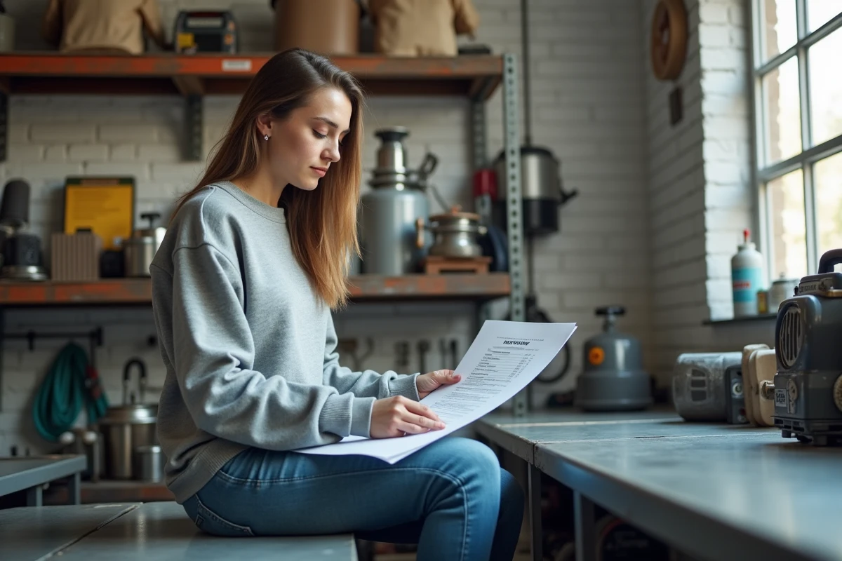 Jeune femme examine un contrat dans un atelier de location