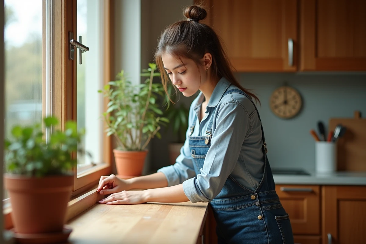 Femme appliquant du vernis sur une fenêtre intérieure