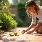 Jeune femme posant des tranches d ail et citron dans le jardin