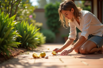 Jeune femme posant des tranches d ail et citron dans le jardin