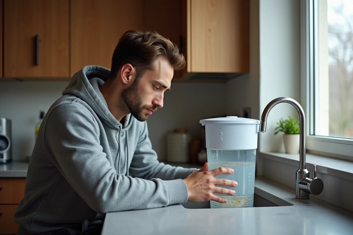 Homme lisant les instructions d'un filtre à eau face à un robinet avec eau jaune, cuisine de maison française