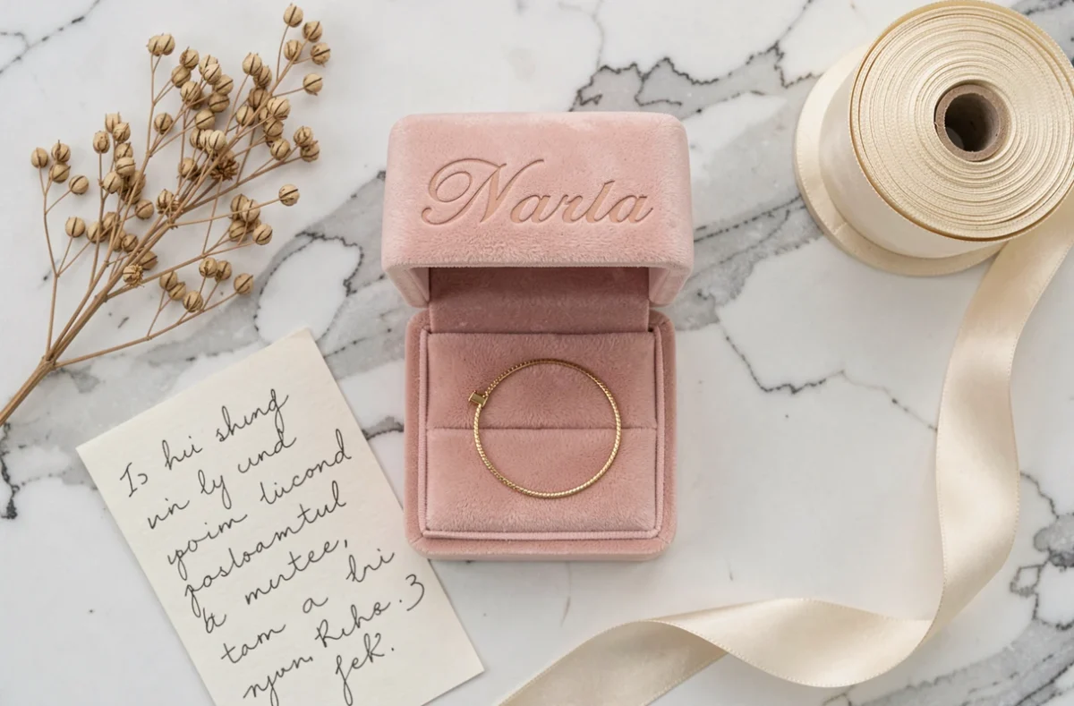 Flat lay d'une boîte à bijoux personnalisée ouverte avec velours rose, bracelet doré et note manuscrite sur marbre blanc