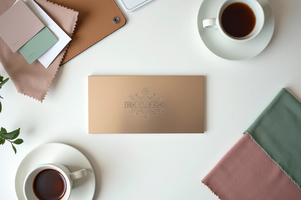 Flat lay d'un prix décoration intérieure avec des échantillons de tissu, fiches couleurs et mood board sur une table en chêne blanc