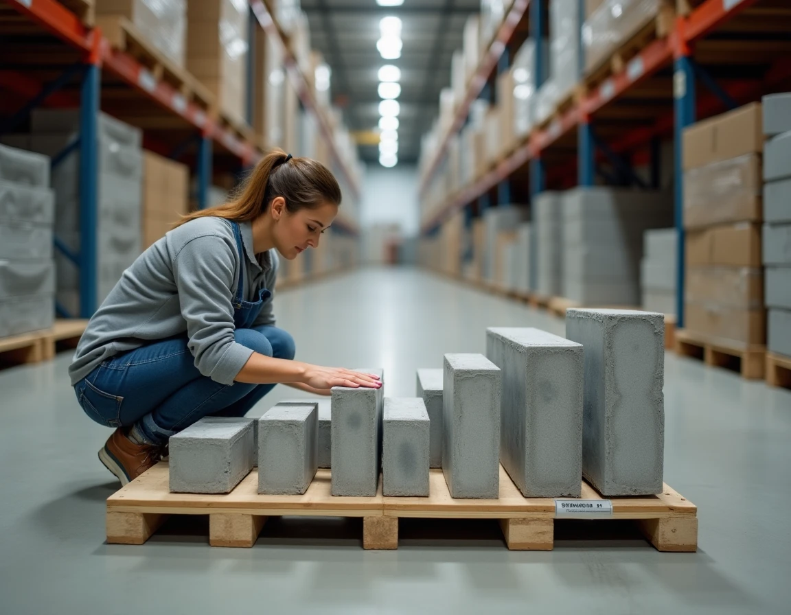 Femme comparant différents formats de parpaings dans un magasin de bricolage