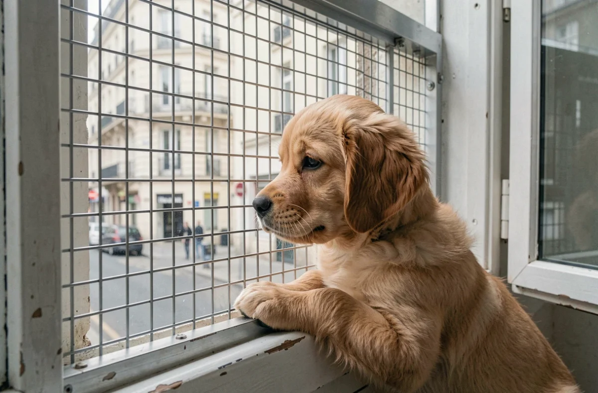 Grillage de fenêtre en acier inoxydable monté sur une fenêtre d'appartement avec un chiot golden retriever à l'intérieur