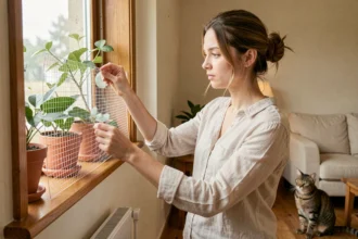 Femme installant un grillage de fenêtre en métal blanc pour protéger un chat dans un salon familial chaleureux