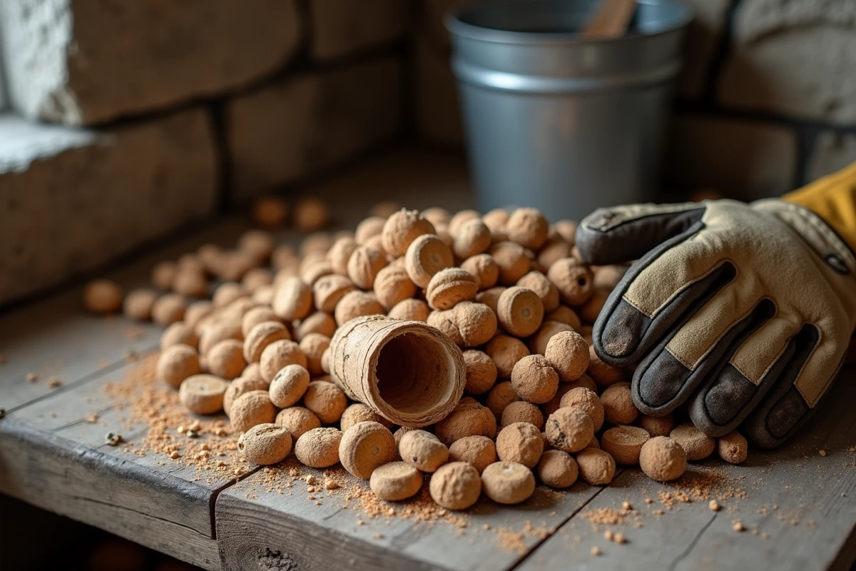 Gros plan sur des granules de bois Leclerc posés sur une surface en bois rustique dans une buanderie
