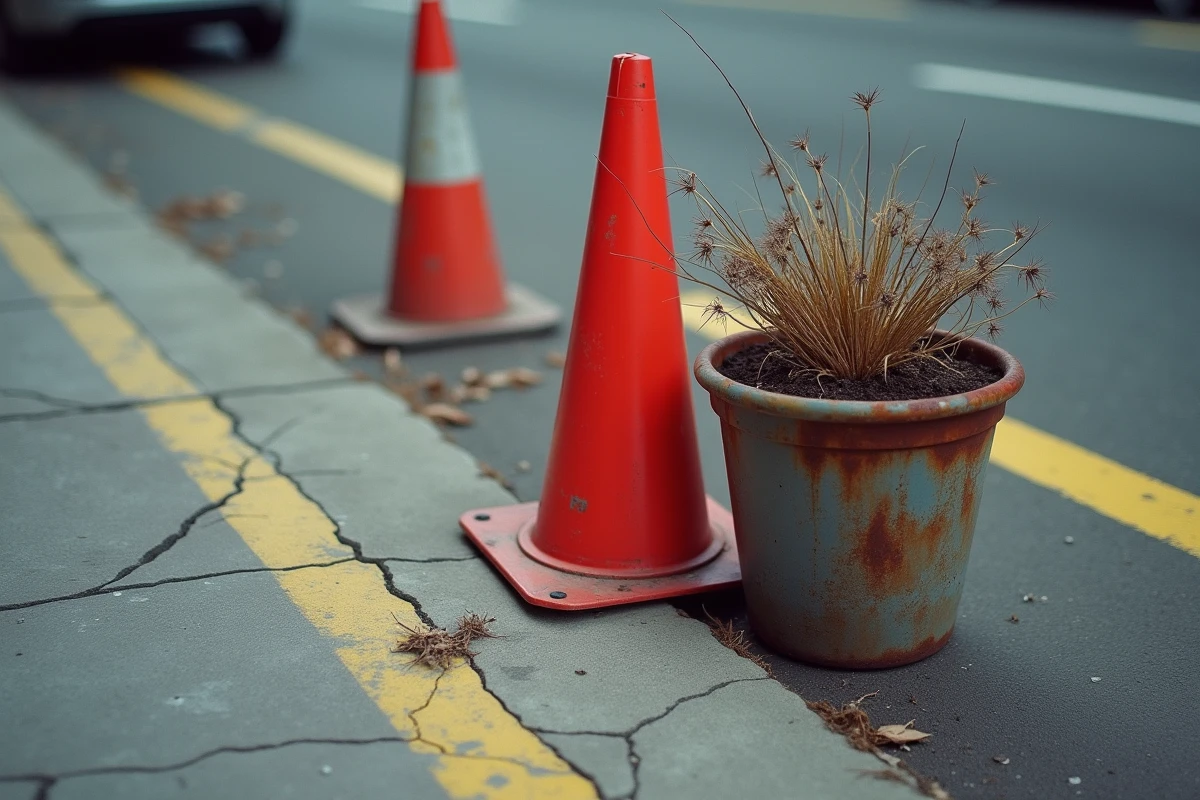 Gros plan sur un alignement de plots, seau et pot de fleurs disposés sur un trottoir pour réserver illégalement une place de stationnement
