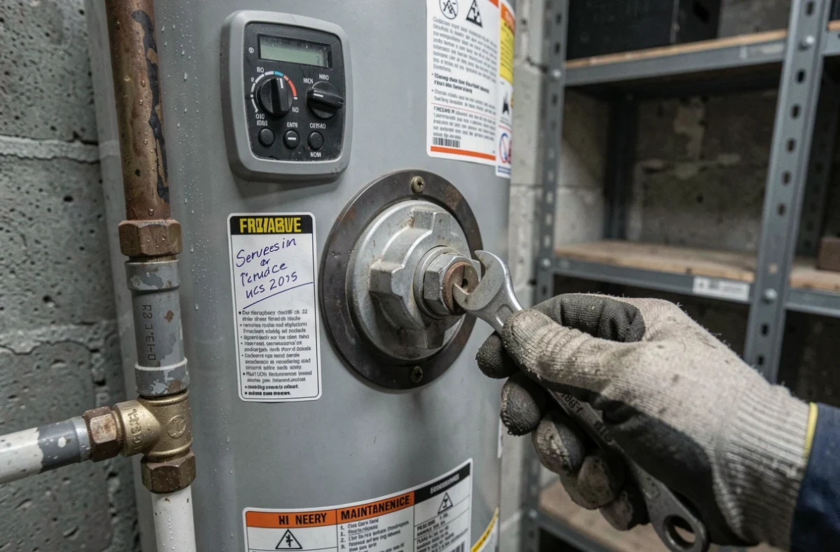 Gros plan sur le panneau de contrôle et la valve d'un chauffe-eau avec autocollant de maintenance