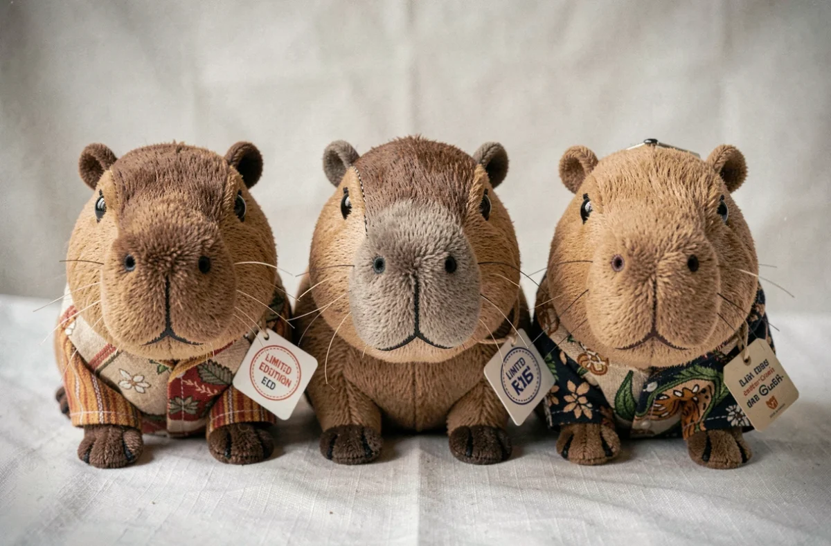 Gros plan sur trois peluches capybara de collection avec étiquettes édition limitée et broderies détaillées