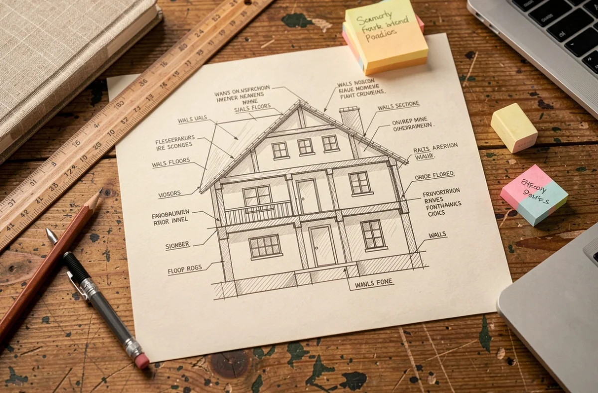 Gros plan d'un plan en coupe architectural de maison posé sur un bureau en bois avec règle et annotations