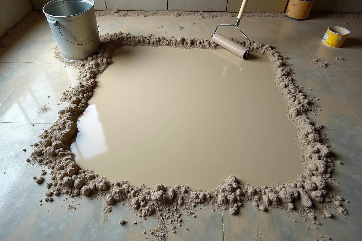 Vue aérienne en gros plan du ragréage autolissant se répandant sur un sol en béton irrégulier avec contraste entre surface lissée et zone brute