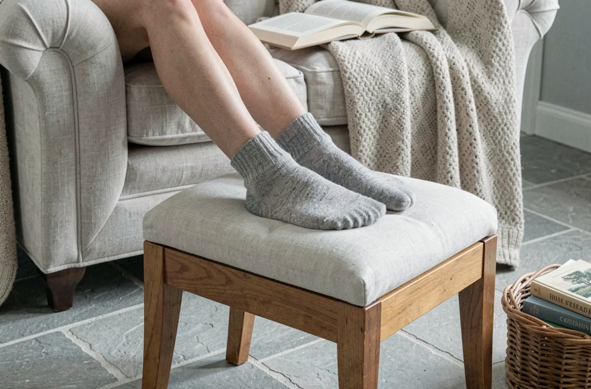 Gros plan sur des pieds posés sur un repose-pieds rembourré devant un fauteuil de lecture confortable