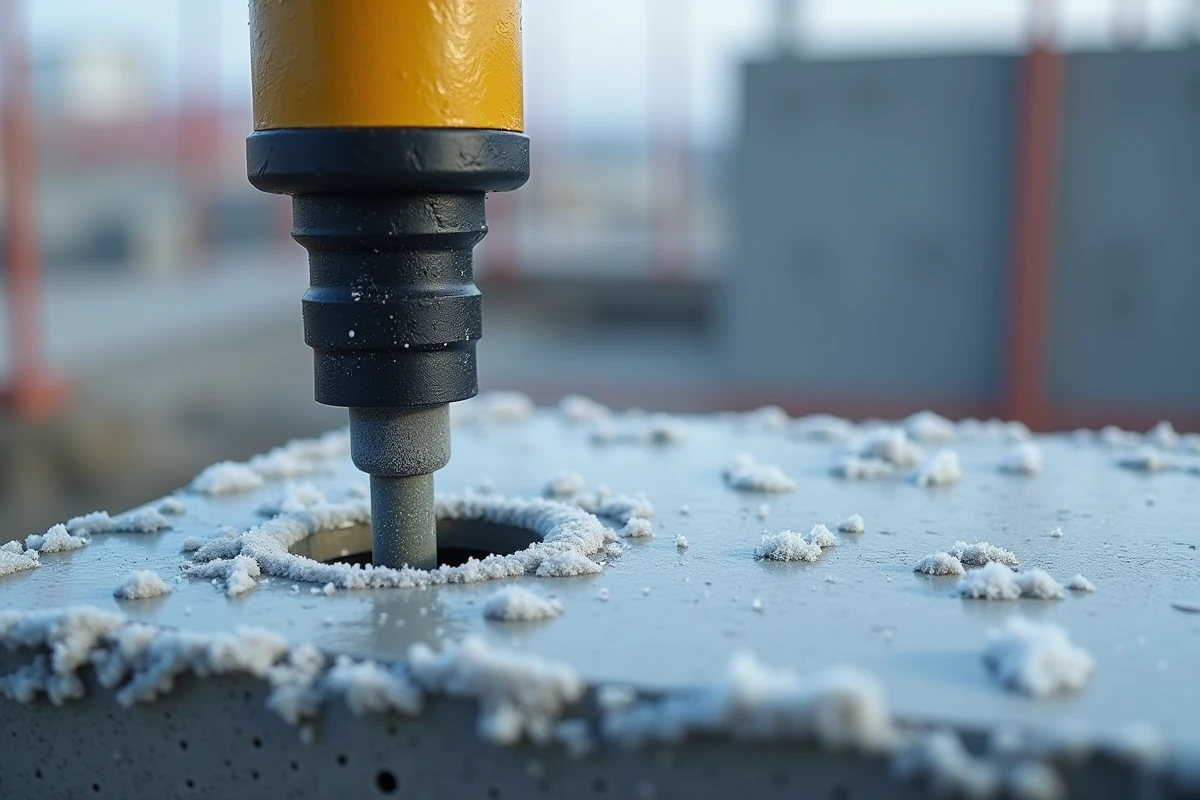 Gros plan sur l'injection de résine chimique dans un trou de béton humide avec givre en conditions hivernales