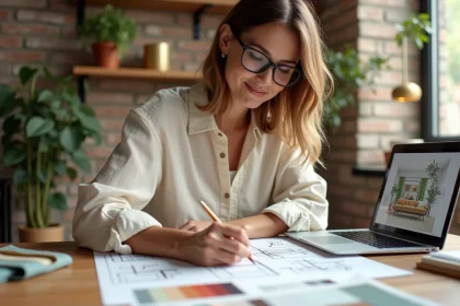 Femme débutante en décoration intérieure esquissant un plan de pièce avec le logiciel COZYCASA ouvert sur son ordinateur portable