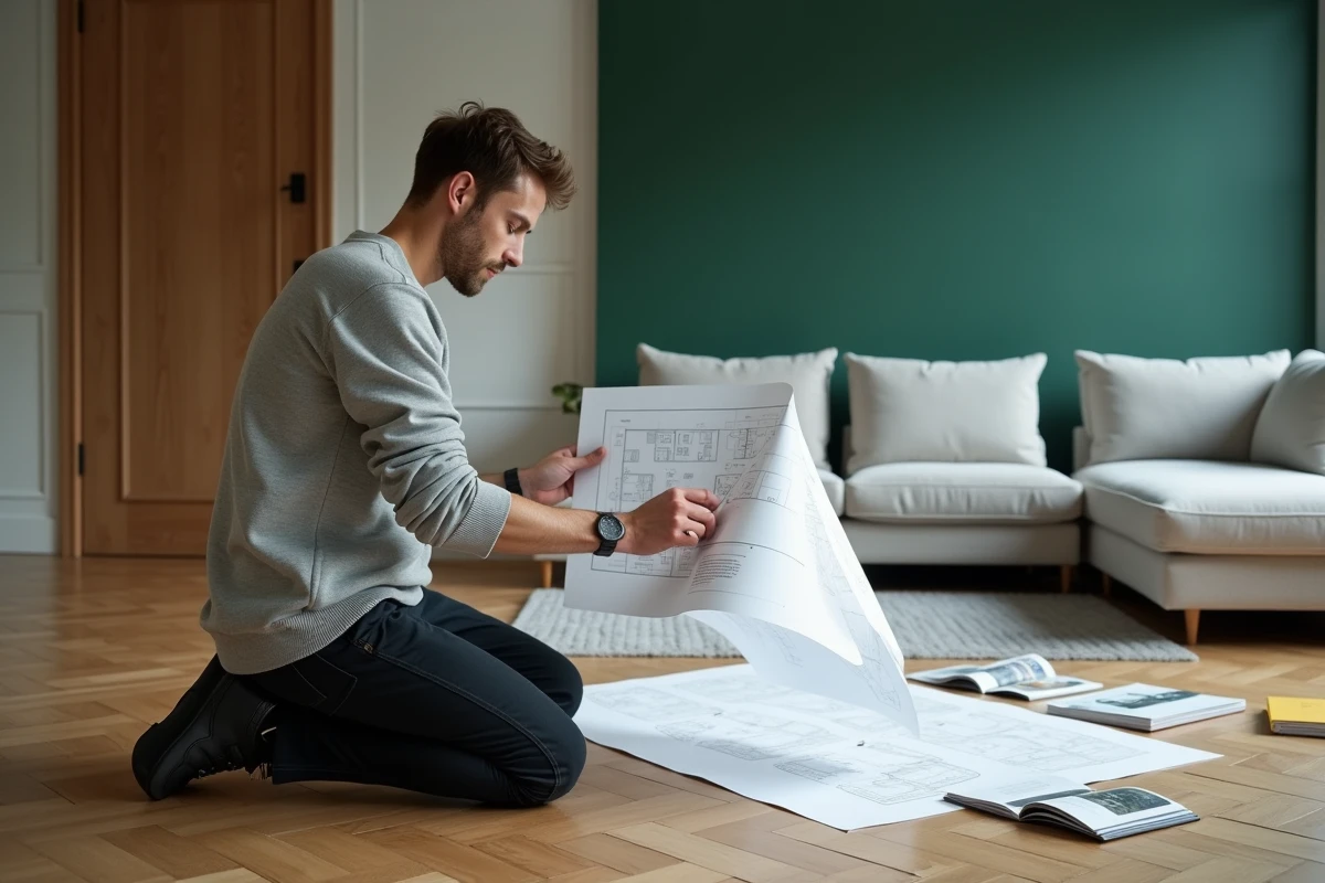Homme comparant un plan imprimé COZYCASA à l'espace réel d'un salon en cours d'aménagement