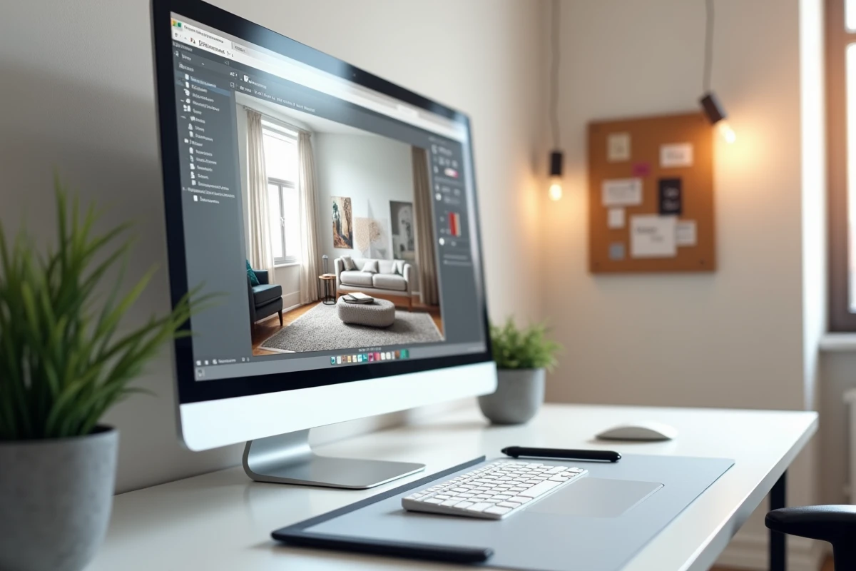 Écran d'ordinateur affichant un rendu 3D final créé avec COZYCASA, entouré d'outils de conception intérieure sur un bureau moderne