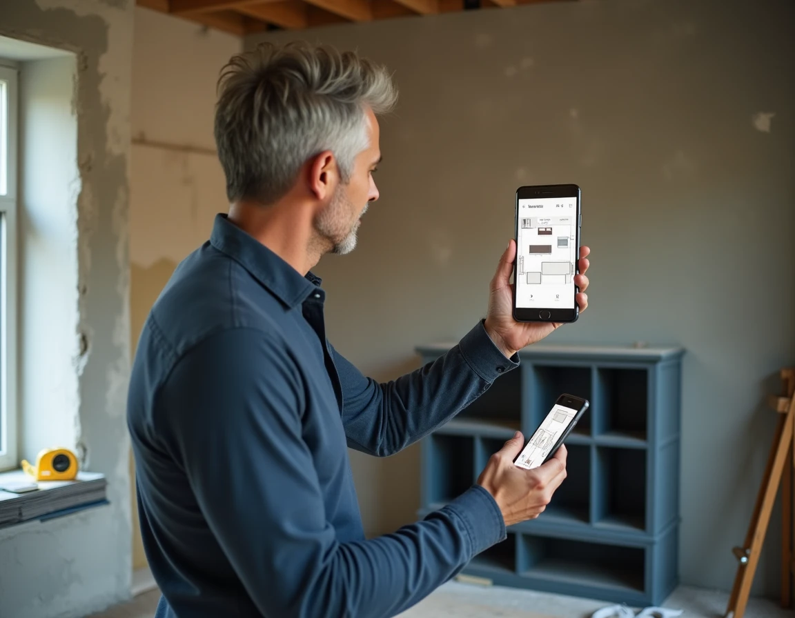 Homme consultant une application de planification de décoration sur smartphone lors d'une rénovation de salon
