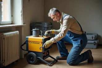Homme en tenue de travail assemble une machine de sablage à domicile