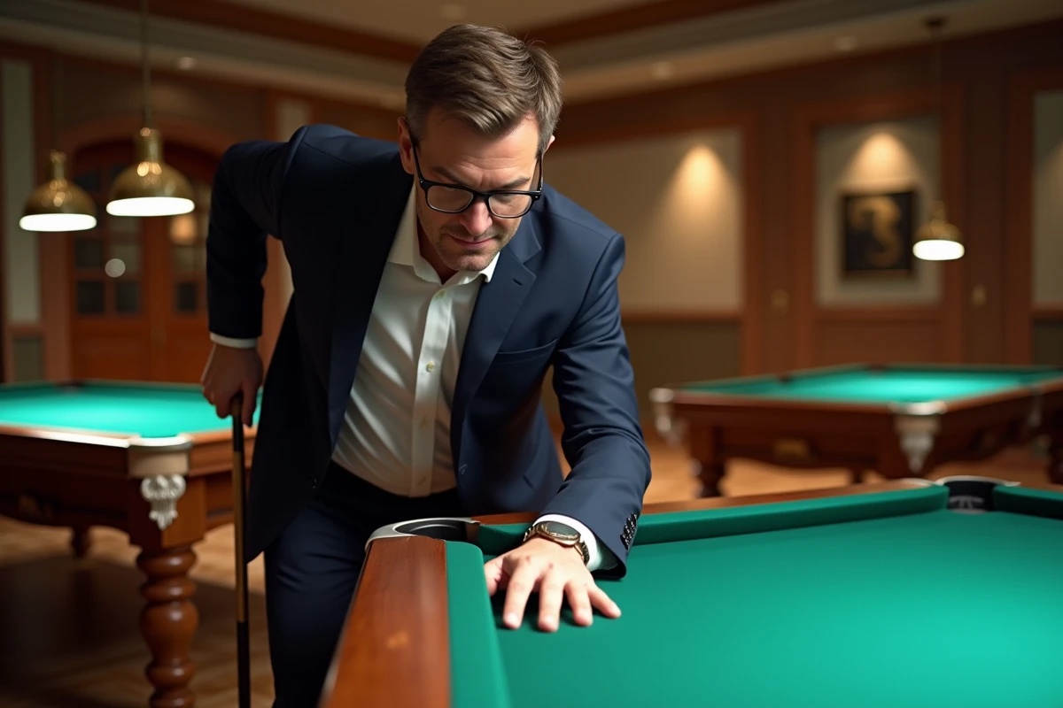 Homme d'âge moyen inspectant une table de billard de luxe