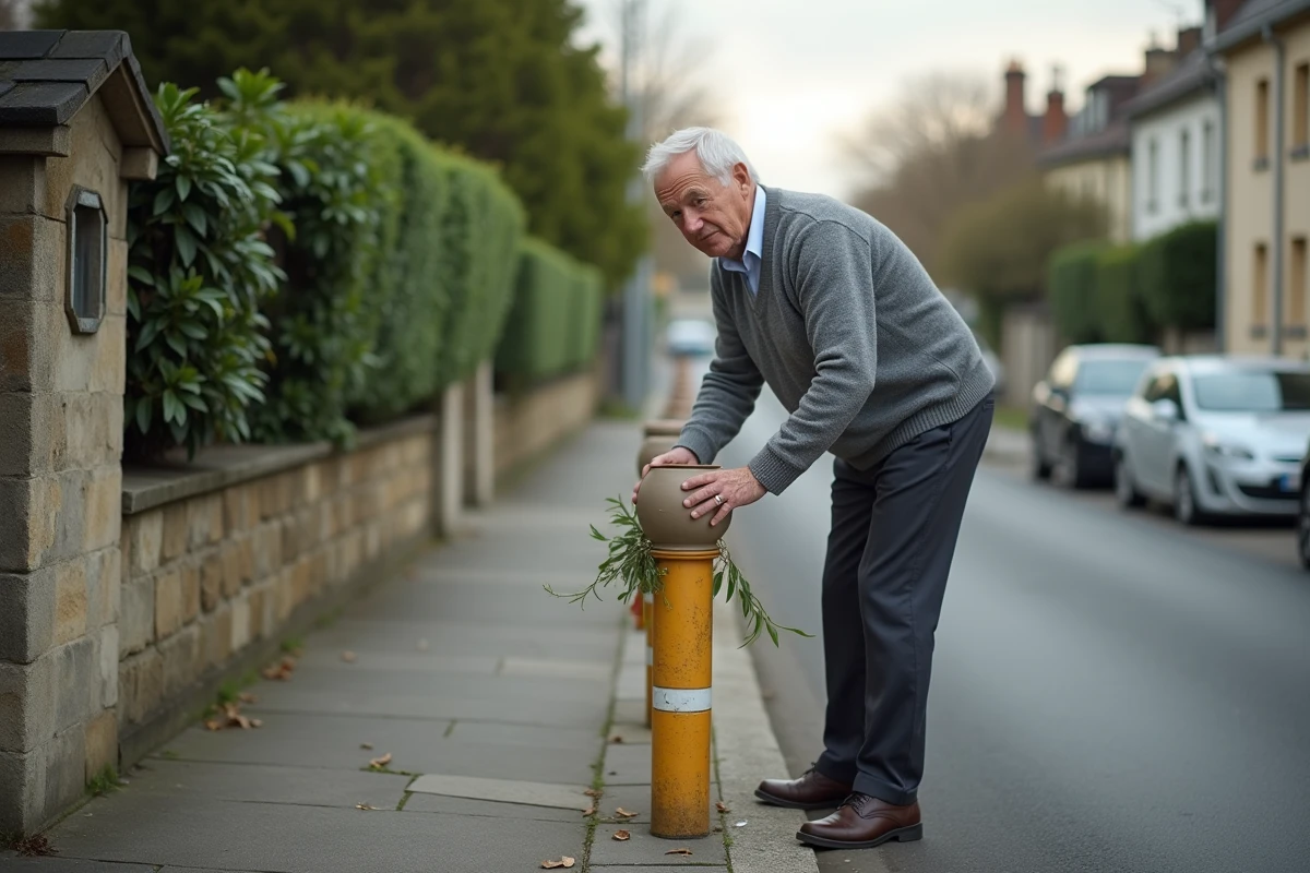 Homme déposant un plot et un pot de fleurs devant son portail pour bloquer une place de parking sur le trottoir