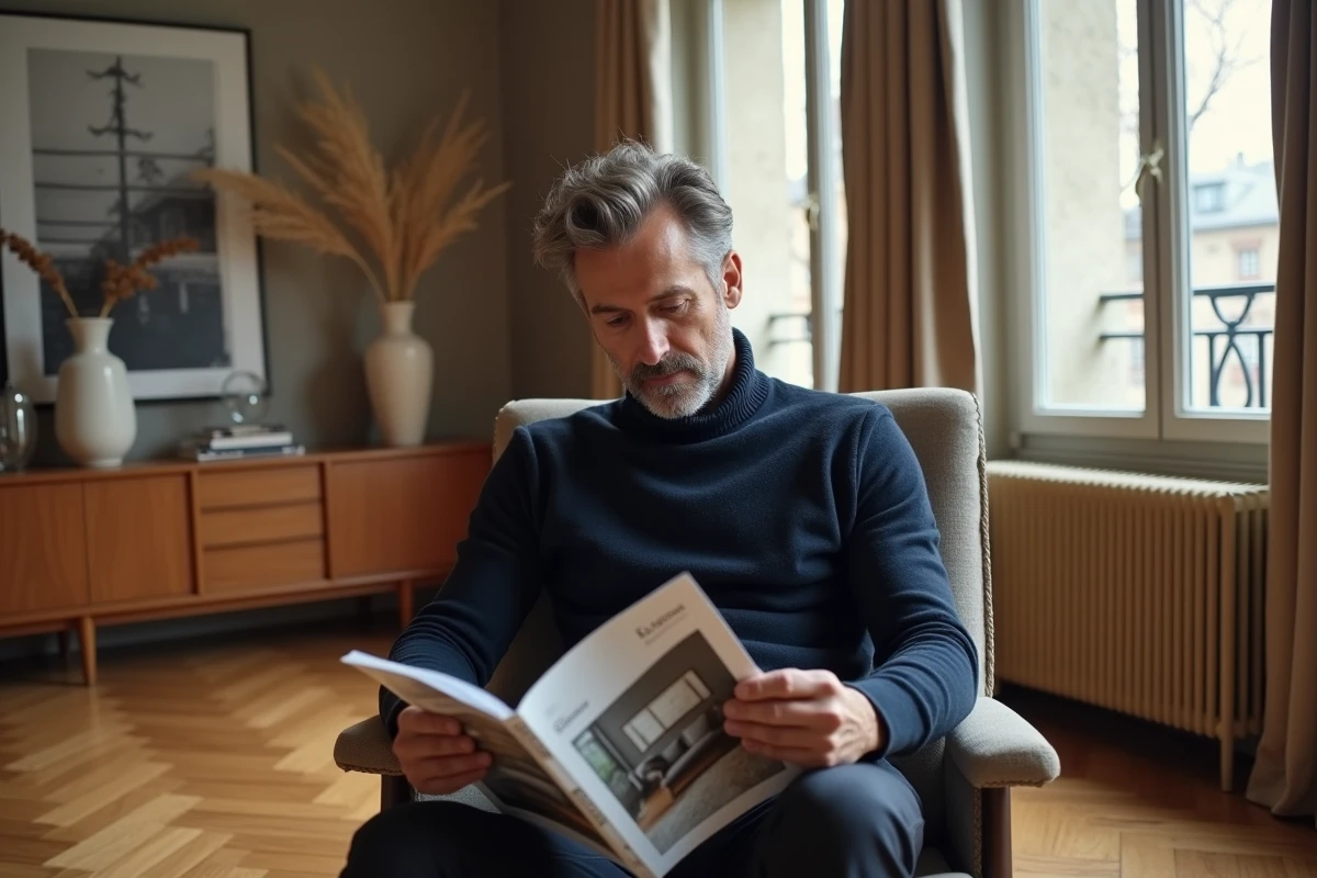 Homme parcourant un catalogue de décoration intérieure dans un appartement parisien contemporain aux parquets dorés
