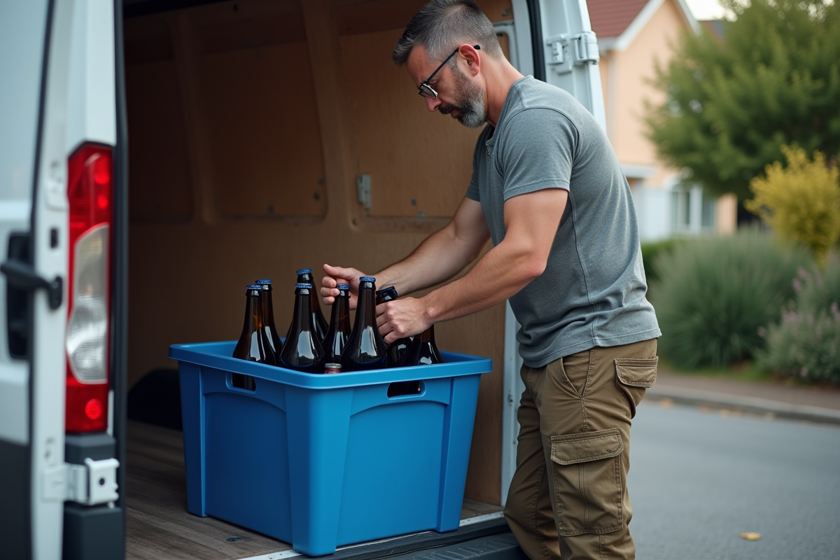 Homme chargeant des bouteilles dans une caisse dans un camion