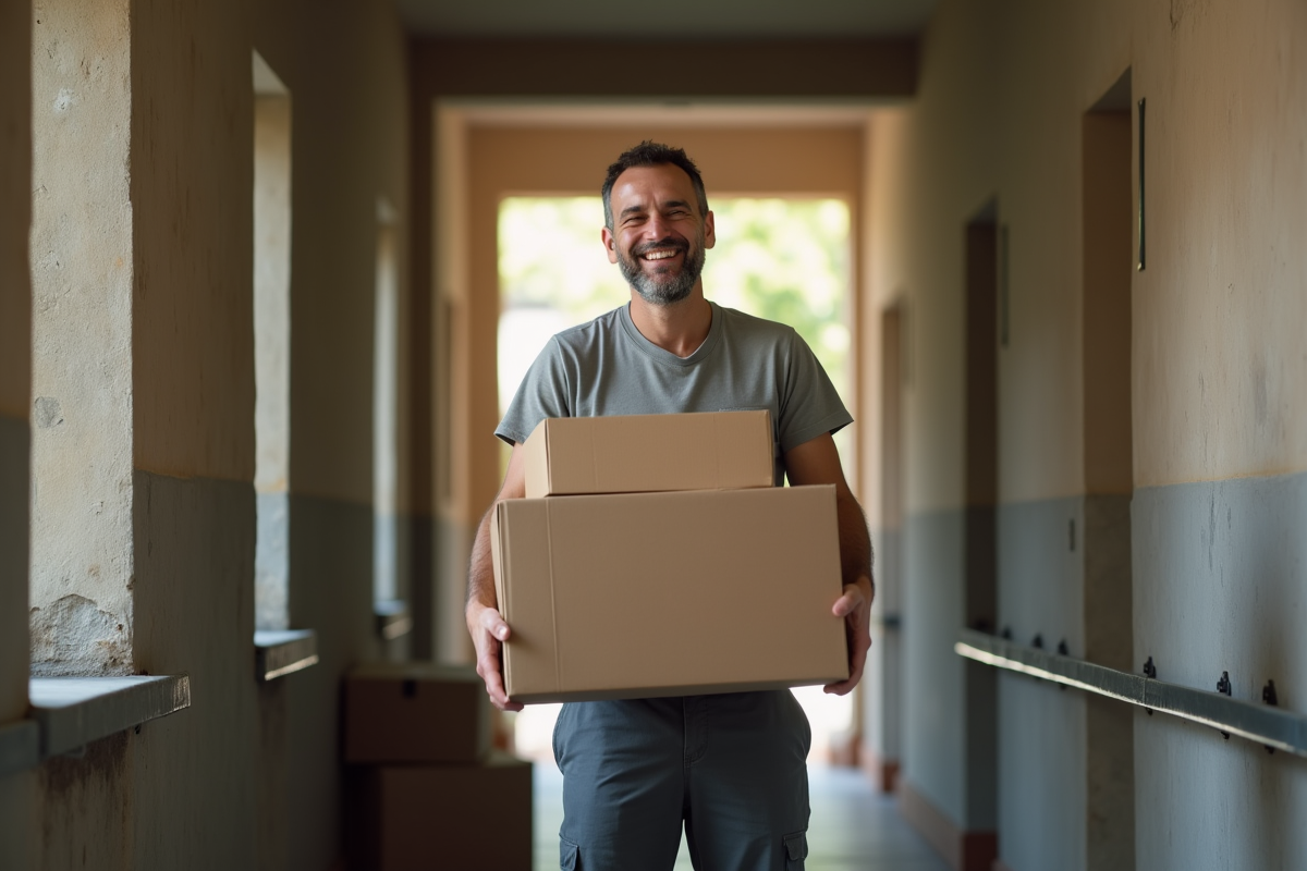 Homme dans un couloir empilant des cartons de déménagement