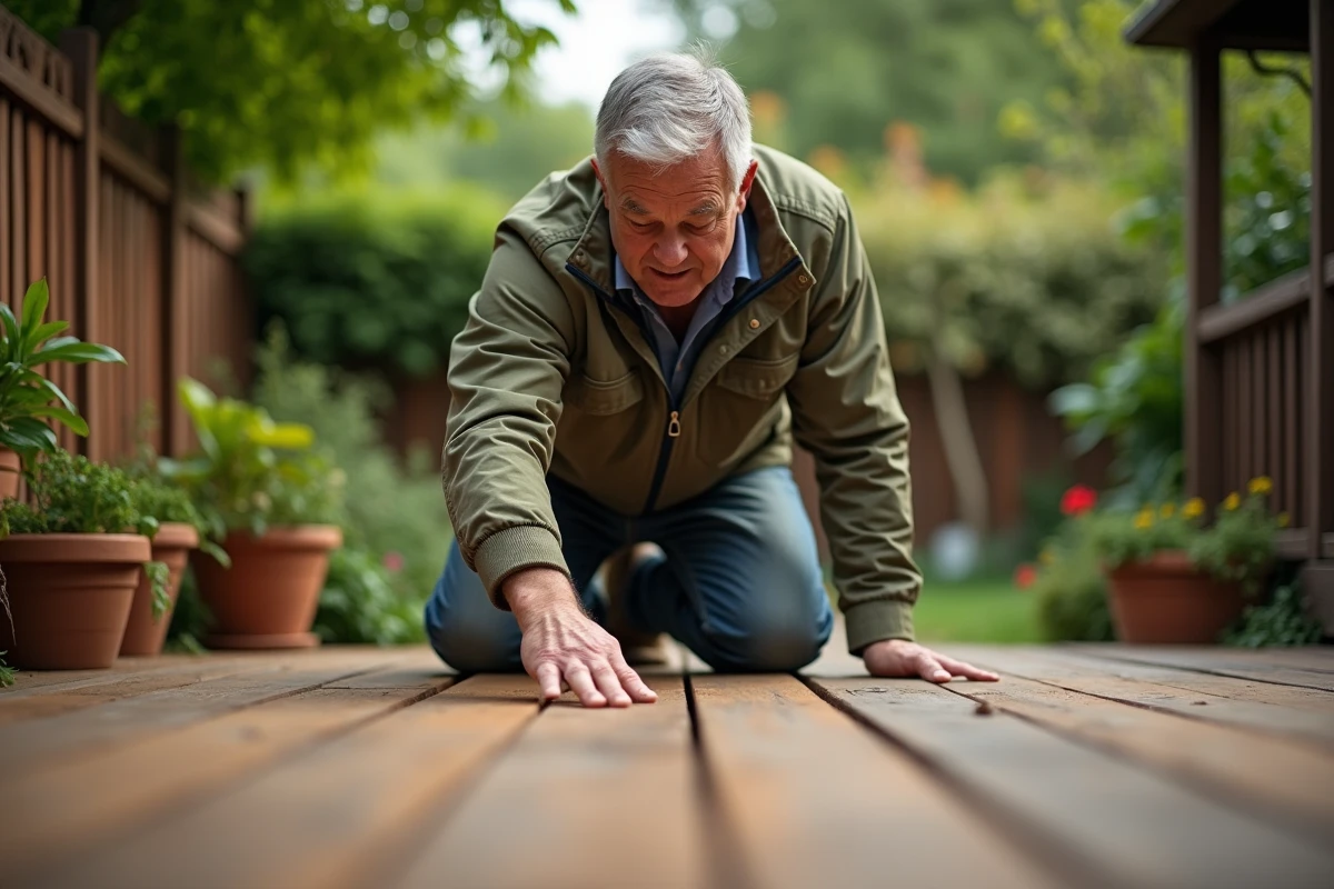Homme en extérieur touchant un bois de terrasse