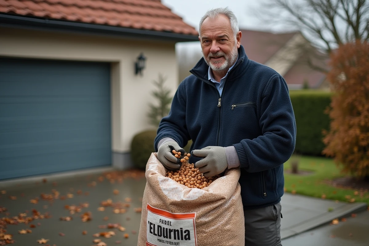 Homme inspectant un sac de granules Leclerc dans l'allée de sa maison en automne