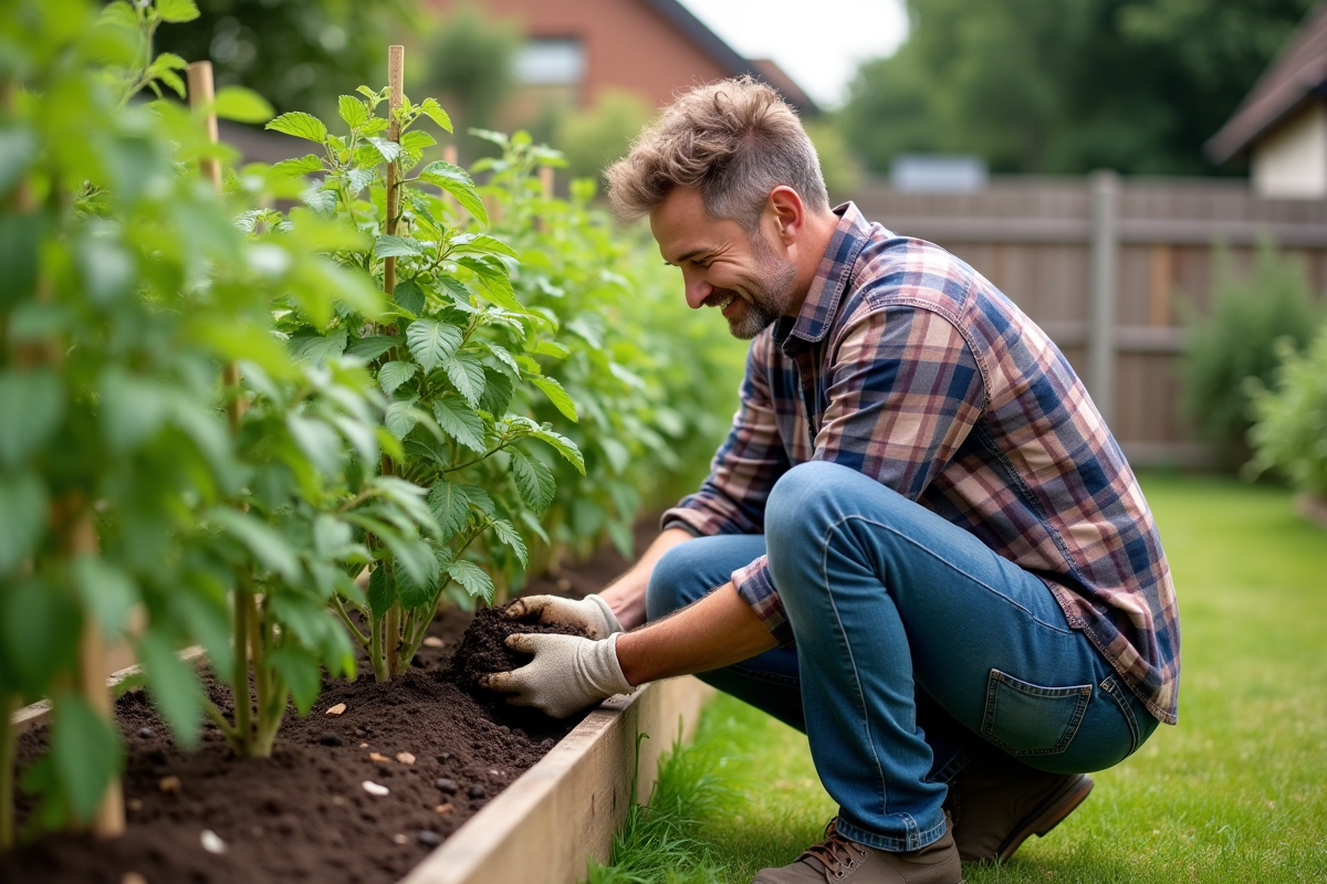 Homme jardinant avec compost autour des tomates