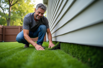 Homme d'âge moyen touchant la pelouse extérieure de sa maison