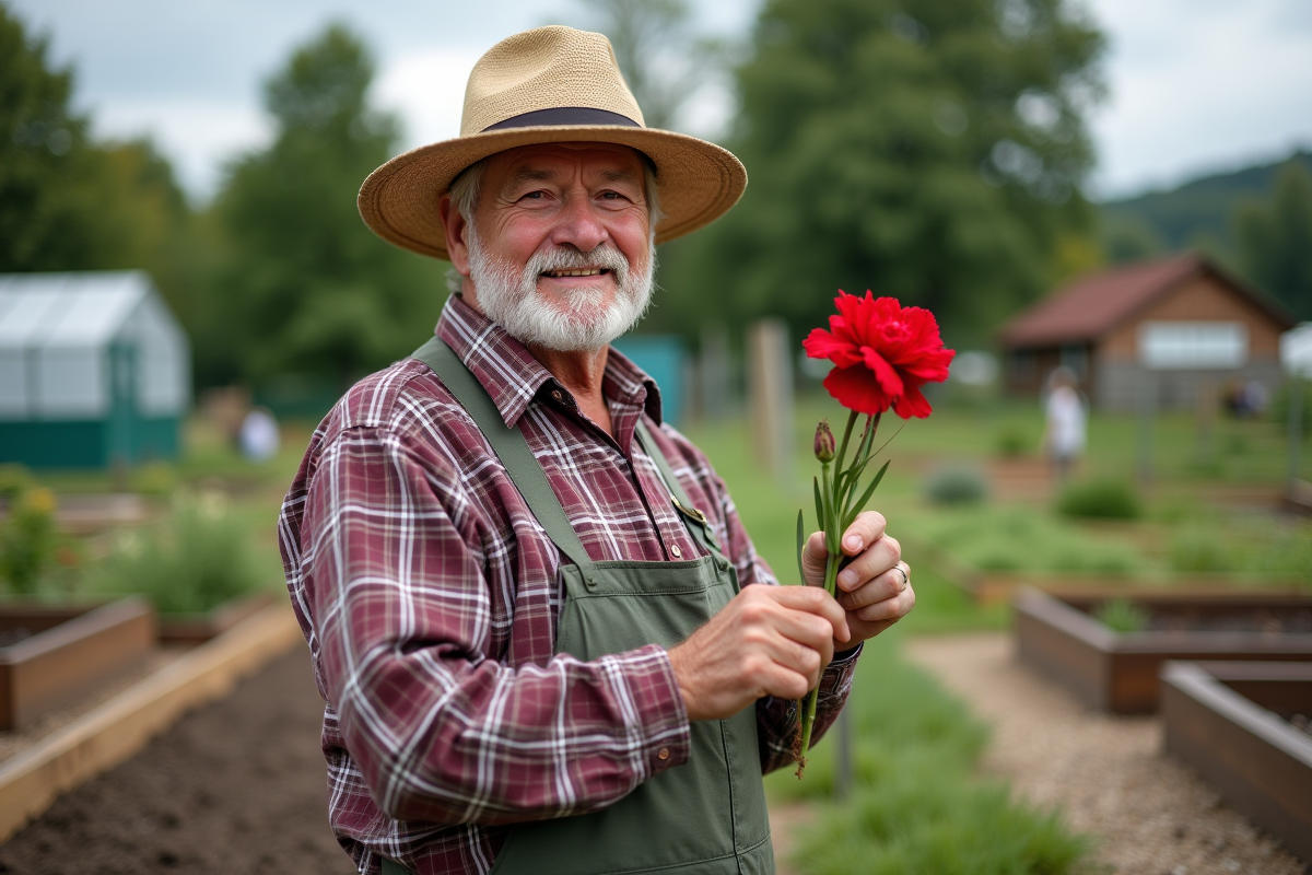 Homme âgé tenant une carnation dans un jardin communautaire