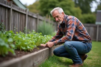 Homme d'âge moyen examinant une vieille traverses de chemin de fer dans le jardin