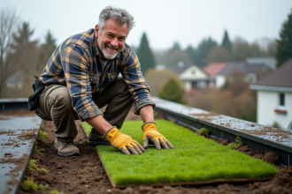 Homme en pantalon de travail et gants posant du gazon sur un toit vert