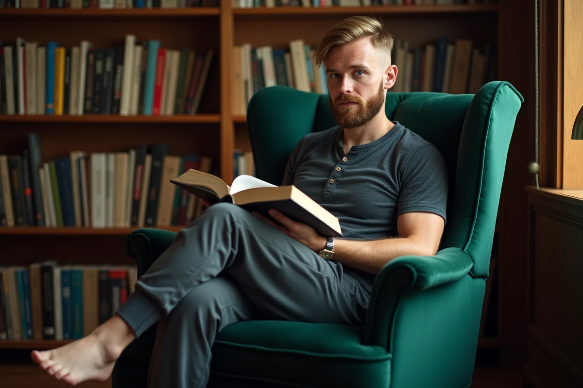 Homme barbu lisant dans un fauteuil à oreilles en velours vert dans une bibliothèque maison, posture décontractée, atmosphère apaisante et anti-stress