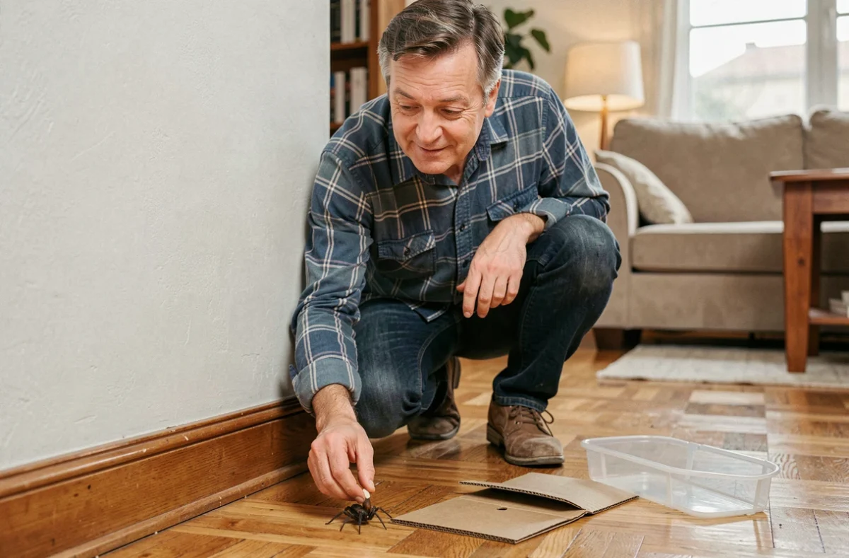 Homme observant calmement une araignée maison près d'une plinthe en bois dans un salon français, prêt à la déplacer sans la tuer