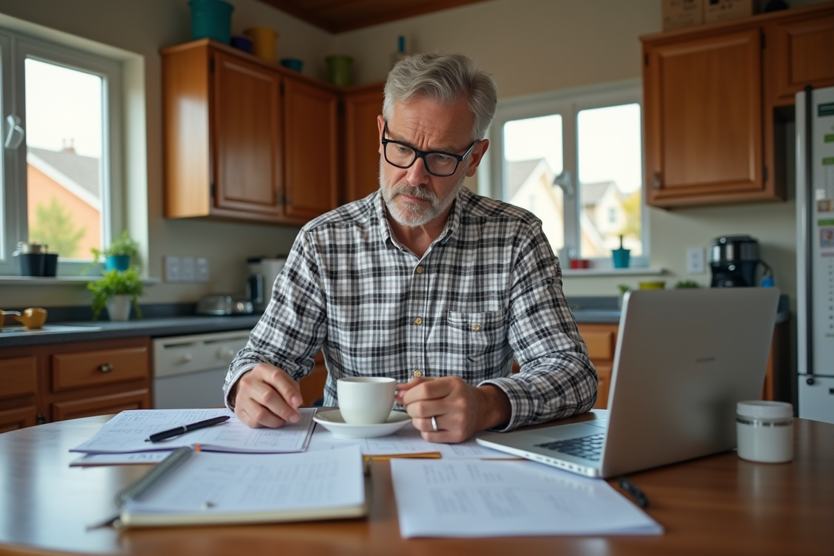 Homme vérifiant un calendrier dans une cuisine lumineuse