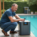 Homme ajustant la pompe à chaleur de la piscine dans le jardin