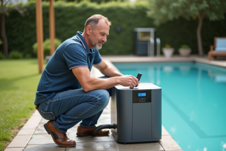 Homme ajustant la pompe à chaleur de la piscine dans le jardin