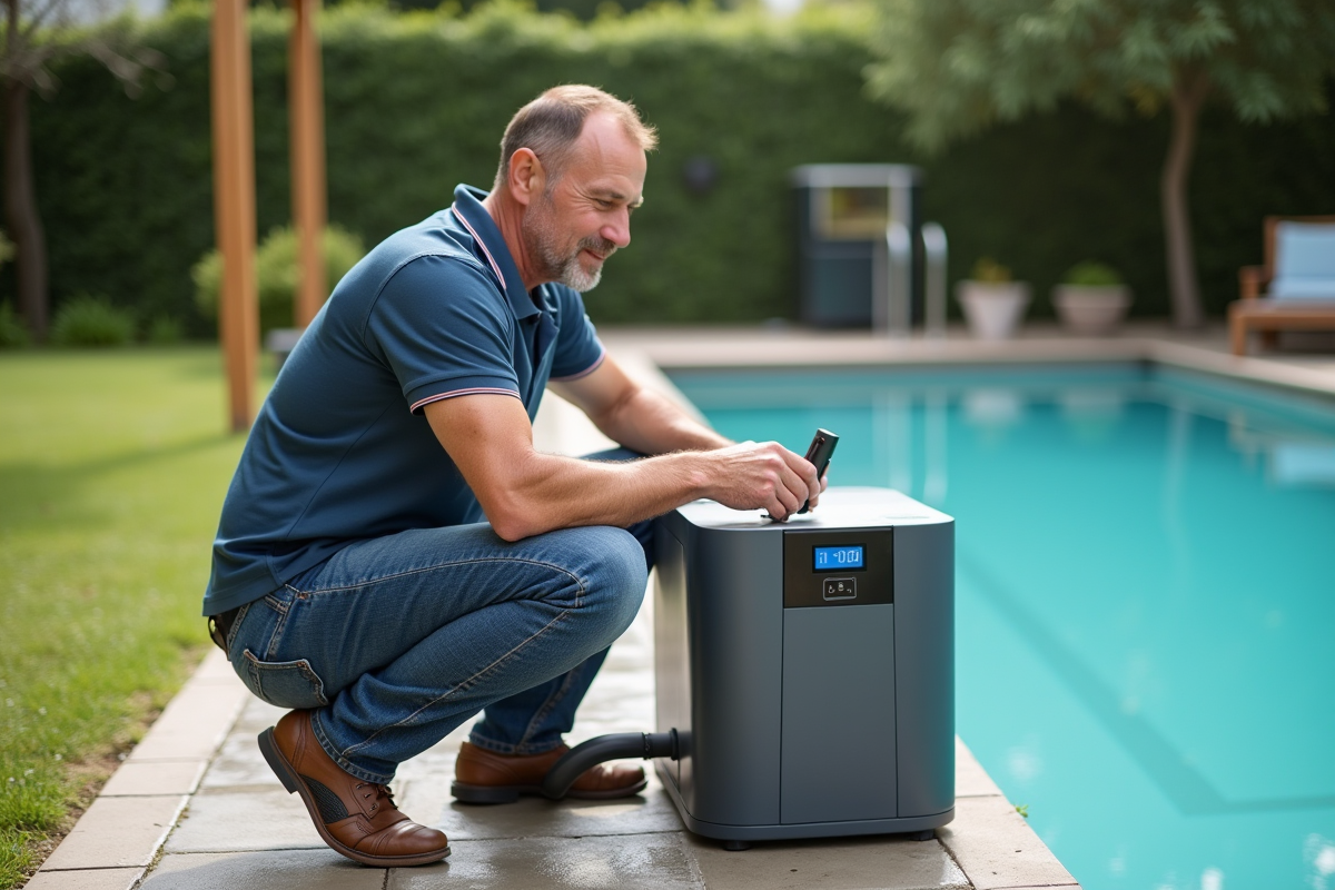 Homme ajustant la pompe à chaleur de la piscine dans le jardin