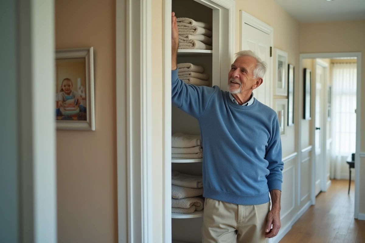 Homme âgé range des serviettes dans un placard de couloir