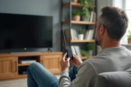 Homme d'âge moyen ajustant une antenne TV compacte dans un salon moderne