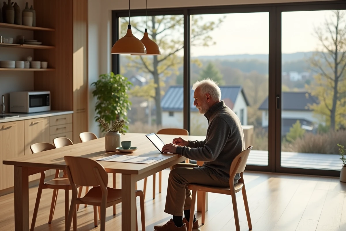Homme âgé regardant plans dans maison modulable intérieure