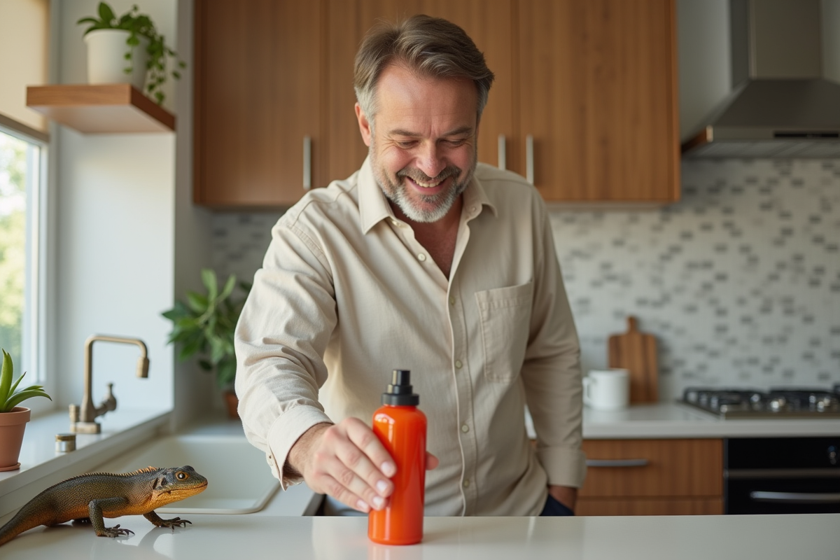 Homme vaporisant un spray piment dans la cuisine moderne